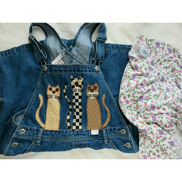 Vintage Pants - Vintage Summer Cat Shortalls Denim Overalls Shorts